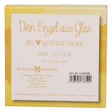 „Dein Engel aus Glas“, „Mit ♥ gefertigtes Unikat“, „Größe: 3,5 x 3,8 cm“. Hinweis: „Vorsicht Glas! Bruchgefahr!“.