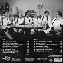 A Seite: Liedtitel mit Zeiten. B Seite: Weitere Liedtitel mit Zeiten. Sechs Männer in Anzügen sitzen, lachen auf einem Sofa.