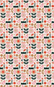 Wiederholendes Muster aus bunten Blumen, Blättern und Vögeln in einem geometrischen, stilisierten Design.