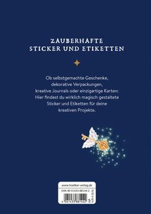 „Zauberhafte Sticker und Etiketten.“ Ein Schlüssel mit Flügeln und magischem Glanz auf dunkelblauem Hintergrund.
