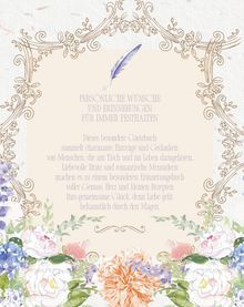Persönliche Wünsche und Erinnerungen für immer festhalten. Aquarell-Blumen, Ornamentrahmen und lila Feder dekorieren.