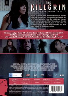 Text "THE KILLGRIN - Es lebt von deiner Angst." zeigt, dass es um einen Horrorfilm geht. Frau mit Angst im Gesicht.