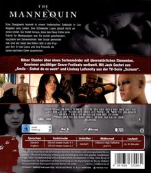 Text: "THE MANNEQUIN", Handlung über Designerin, Serienmörder mit übernatürlichen Elementen, Genre-Festival Gewinner.