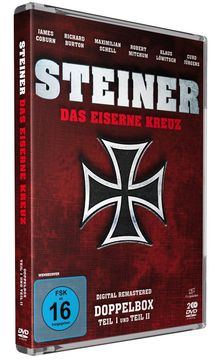 "STEINER - Das Eiserne Kreuz", DVD-Cover mit Eisernen Kreuz auf rotem Hintergrund, FSK 16. Namen von Schauspielern.
