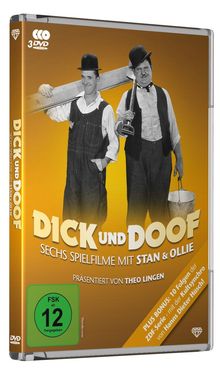 "DICK UND DOOF: Sechs Spielfilme mit Stan & Ollie, präsentiert von Theo Lingen. FSK ab 12 freigegeben. Zwei Männer in Arbeitsoveralls."