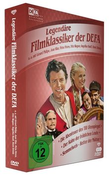 DVD-Cover mit Titel "Legendäre Filmklassiker der DEFA". Enthält "Die Abenteuer des Till Ulenspiegel" und zwei weitere Filme. Enthält Abbildungen von Schauspielern. FSK ab 12.