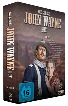 „Die große John Wayne Box“ mit 10 Filmen, FSK ab 16. Zwei Personen im Western-Stil, er in Uniform, sie in Kleid.
