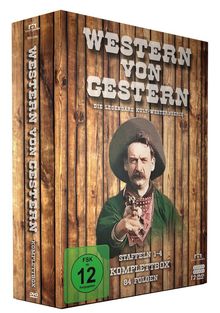 "Western von Gestern", "Die legendäre Kult-Westernserie", "Staffeln 1-4 Komplettbox", "84 Folgen", FSK 12 Logo. Cowboy mit Hut.