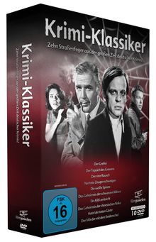 "Krimi-Klassiker: Zehn Straßenfeger aus der großen Zeit deutscher Krimis!" Schwarze-Weiß Fotos von Personen, rauchend.