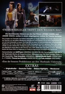 DVD-Rückseite mit Text über einen Horrorfilm: „FREDDY KRUEGER TRIFFT DEN WEISSEN HAI!“ und Zusatzinfos zu Besetzung und Extras.