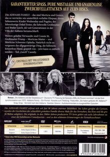 DVD-Rückseite der Addams Family: Text beschreibt die Familie, deren Mitglieder und Bonusmaterial. Schwarz-weiße Fotos zeigen Szenen.