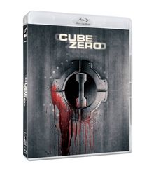 Text: "CUBE ZERO". Blu-ray-Hülle mit düsterem Design, rotes Türelement mit Blutflecken.