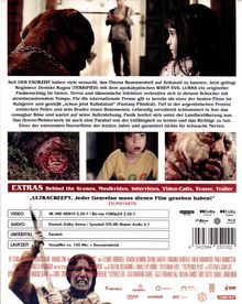 Texte beschreiben einen Horrorfilm mit dem Titel "When Evil Lurks", ähnlich wie "Der Exorzist", und inkludieren Extras. Darunter sind beängstigende Bilder von Menschen und einer Kreatur.