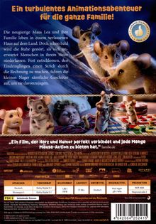 „Ein turbulentes Animationsabenteuer für die ganze Familie!“ zeigt Mäuse in einem Haus, eine Familie, Spielzeug auf einem Tisch.