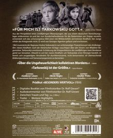 Texte: "FÜR MICH IST TARKOWSKIJ GOTT." - Lars von Trier. "Über die Ungeheuerlichkeit kollektiven Mordens." - CINEMA. "Tarkowskij ist der Größte." - Ingmar Bergman.

Oben ein historisches Schwarz-Weiß-Foto mit Personen in Kriegsuniformen. Darunter Informationen zum Film und zu Auszeichnungen.