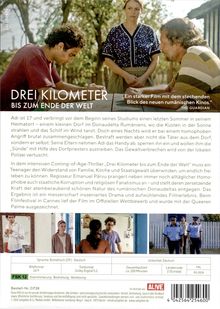 Drei Menschen am Tisch. Titel: „Drei Kilometer bis zum Ende der Welt“. Text beschreibt einen Coming-of-Age-Film.