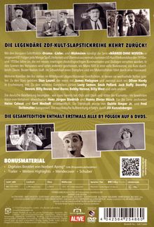Eine DVD-Verpackung kündigt "Männer ohne Nerven" an, mit Slapstick-Serien zurück auf 6 DVDs. Bonusmaterial inklusive. 