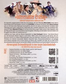 "Interessanter Erstling" - CINEMA über Peckinpahs Western. Extras: Booklets, Audiokommentare, Trailer. Cowboy-Szene im Hintergrund.