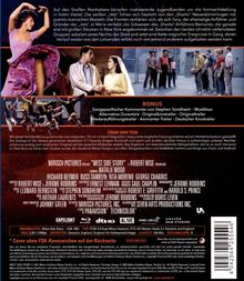 DVD-Rücken mit einer Beschreibung der Handlung von "West Side Story". Bonus-Features wie Kommentare und Trailer. Tanzszenen und Auseinandersetzungen sind abgebildet.