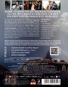 "Marie Antoinette ist noch ein Teenager, als sie Österreich verlässt, um den Dauphin von Frankreich zu heiraten." Oben und rechts zwei Filmszenen. Links Beschreibung und Episodenliste der Serie. Unten QR-Code und technische Details.