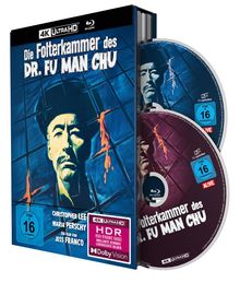 "Die Folterkammer des Dr. Fu Man Chu" in großem Text, Abbildung eines Mannes; zwei Blu-ray-Discs, einer in blau, einer in rot.