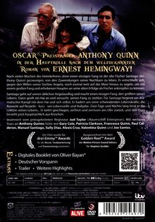 Texte: Oscar®-Preisträger Anthony Quinn, Roman von Ernest Hemingway. Extras: Digitales Booklet, deutscher Vorspann, Trailer.  
Oberer Abschnitt: Drei Personen am Meer, darunter ein alter Mann links.