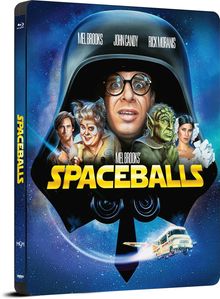 "Mel Brooks' Spaceballs" in gelber Schrift, Sci-Fi-Illustration mit Charakteren unter großem Helm.