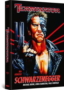 "TERMINATOR", "Mit Arnold Schwarzenegger", stilisierte Illustration: Futuristischer Cyborg mit Waffe und halbem Metallgesicht.
