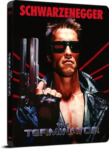 Text: SCHWARZENEGGER, THE TERMINATOR. Eine ikonische Figur in Sonnenbrille und Lederjacke hält eine Waffe.