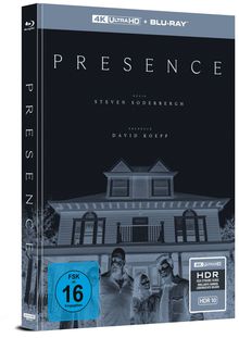 "Presence" oben; "Regie: Steven Soderbergh", "Drehbuch: David Koepp". Darunter ein invertiertes Haus und Personen.