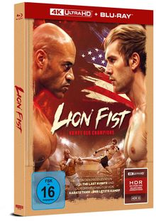 „Lion Fist: Kampf der Champions“, zwei Kämpfer im Profil, FSK 16 Siegel, 4K Ultra HD und Blu-ray Hinweise, actionreiches Design.