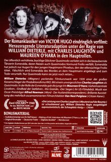 Texte: Roman von Victor Hugo, Regie William Dieterle, Hauptrollen Charles Laughton und Maureen O'Hara.  
Oben: Zwei Figuren in dramatischer Szene, darunter ein Filmplakat-Stil.