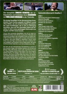 DVD-Hülle der Serie "Cannon", Staffel 2, mit Episodenübersicht und Beschreibung der Hauptfigur Frank Cannon, gespielt von William Conrad.