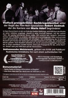 DVD-Rückseite mit Rezensionen und Informationen über einen preisgekrönten Nachkriegskrimi, inkl. Bonusmaterialdetails.