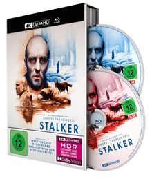 „4K ULTRA HD, HDR, Dolby Vision, STALKER von Andrej Tarkowskij, FSK 12“. Cover mit Porträt, Hund und Landschaft.