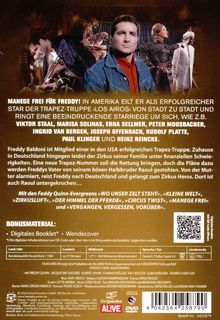 „Manege frei für Freddy!“ steht in großen Lettern. Bild: Ein Mann im Vordergrund, Zirkus-Szene im Hintergrund.
