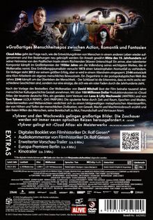 »Großartiges Menschheitsepos zwischen Action, Romantik und Fantasie«. Oben sind Szenen aus dem Film mit Figuren in verschiedenen Epochen zu sehen.
