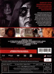 "Blood Cult" ist ein blutrünstiger Slasher. Spezialfeatures: Audiokommentare, Trailer. Linke Hälfte hebt eine angsteinflößende Figur hervor.