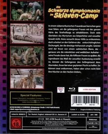 „Die Schwarze Nymphomanin im Sklaven-Camp“, Text über Frauen in einem Gefängnis. Bilder von Szenen aus dem Film. FSK 18.