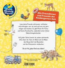 "Alle Freundinnen und Freunde der Kindergarten-Zeit" steht oben. Viele bunte Tiere und Gegenstände wie Hahn, Luftballon, Dinosaurier.
