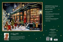 COPPENRATH Design-Puzzle, nostalgischer Buchladen. Winterliche Szene mit Menschen vor einem beleuchteten Buchladen.