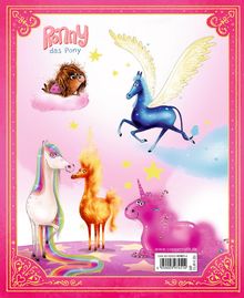 „Ronny das Pony“ in rosa Schrift. Vier fantasievolle Ponys, eines davon fliegend und blau, umgeben von gelben Sternen.