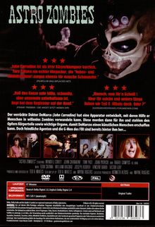 "Astro Zombies" und Zitate über den Film. Ein maskiertes Gesicht rechts; unten Bilder und Informationen zum Film.