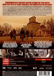 Texte: Kompromissloser moderner Western-Actioner über wahre Geschichte der Dalton-Bande. Bild: Fünf Männer in Westernkleidung.