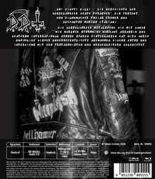 Oberer Text beschreibt ein Filmprojekt über Düsseldorfer "Death Thrasher", mit unveröffentlichten Aufnahmen und Interviews. Darunter schwarz-weiße Lederjacke mit Bandlogos.