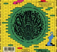 Verschlungene schwarze Schrift auf grünem Grund. Gelbe Ziegelmuster mit blauen und pinken Elementen rechts und oben.