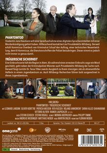 **PHANTOMTOD / TRÜGERISCHE SICHERHEIT.** Studentin hört Mordankündigung, wendet sich an Privatdetektiv. Einbruchsserie und Mord beschäftigen Polizei. Oben zeigt eine Frau eine Stopp-Geste, drei Männer stehen daneben. Darunter sind Szenen aus Besprechungen.