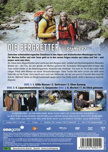 "DIE BERGRETTER Staffel 17." Zwei Personen in Outdoor-Ausrüstung, Berge im Hintergrund, mehrere Textabschnitte.
