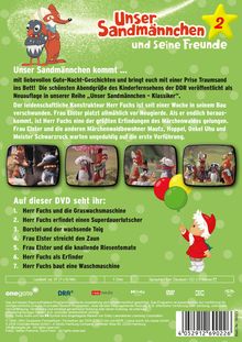 Titel: "Unser Sandmännchen 2 und Seine Freunde". Liste: 1. Herr Fuchs und die Graswachsmaschine bis 7. Herr Fuchs baut eine Waschmaschine. Illustration: Fuchs und Igel mit Sandmännchen.
