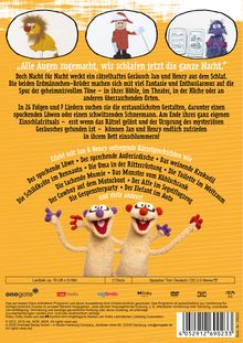 "Alle Augen zugemacht, wir schlafen jetzt die ganze Nacht." 
Bunte Figuren und ein gelber Hintergrund mit Text.